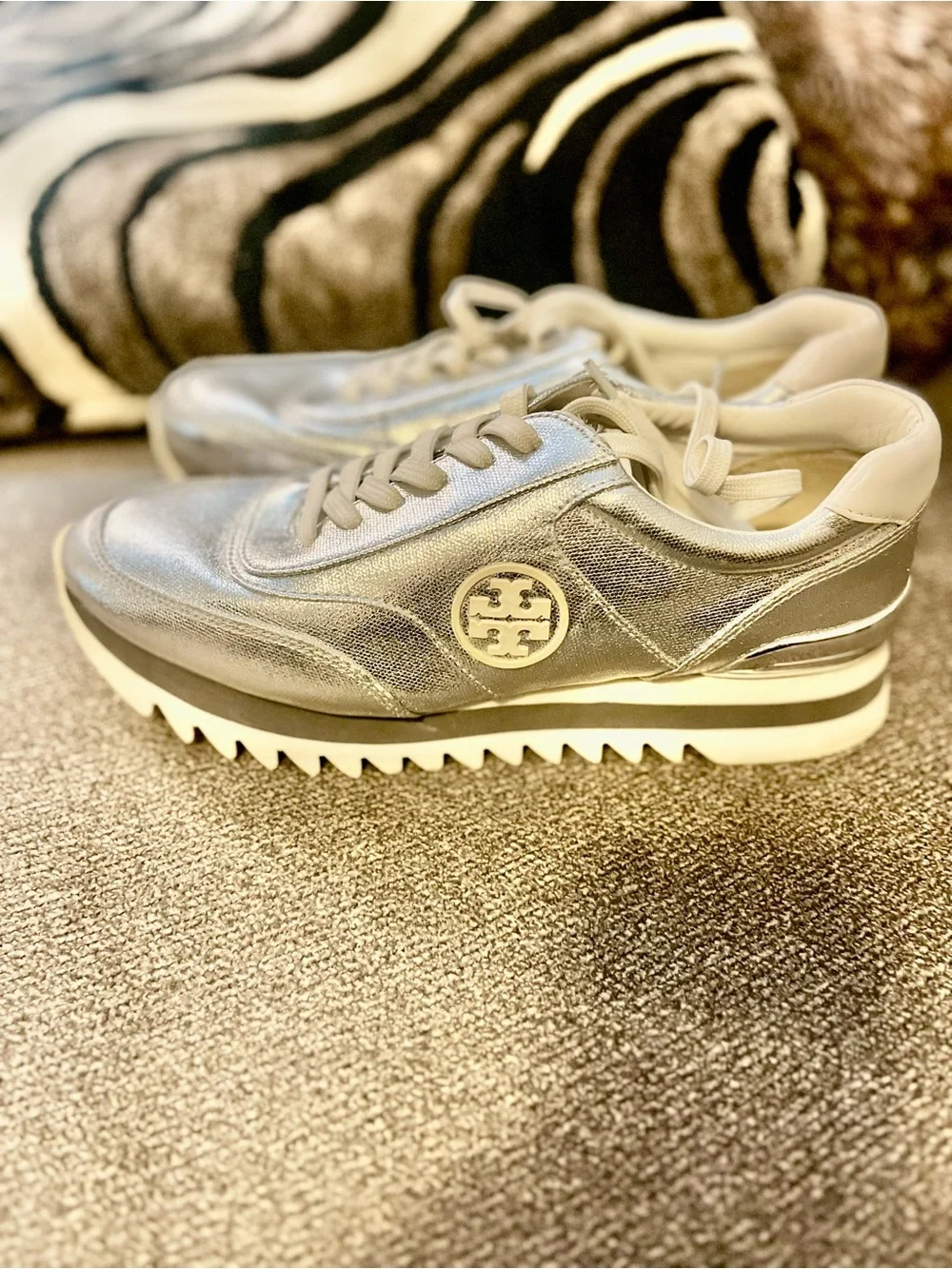 Tory Burch Silver Metallic Platform Lace-Up Sneakers